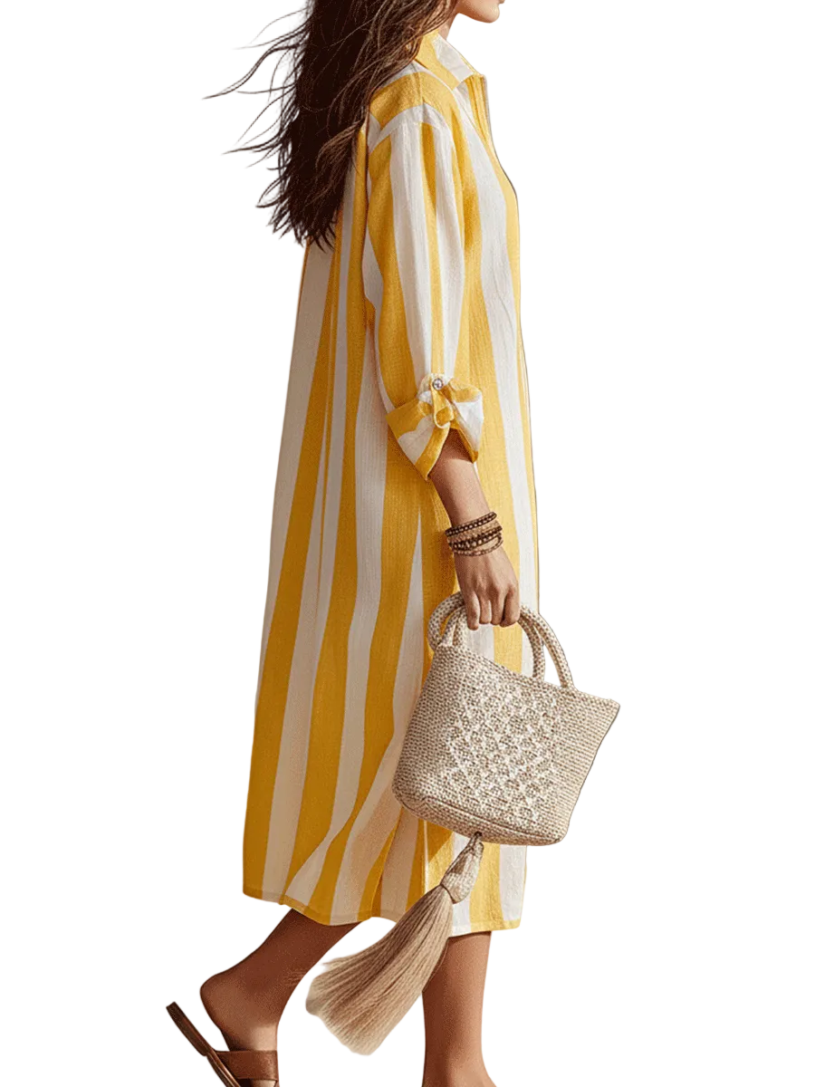 Relaxed Striped Resort Yellow &amp; White Stripe Midi Dress