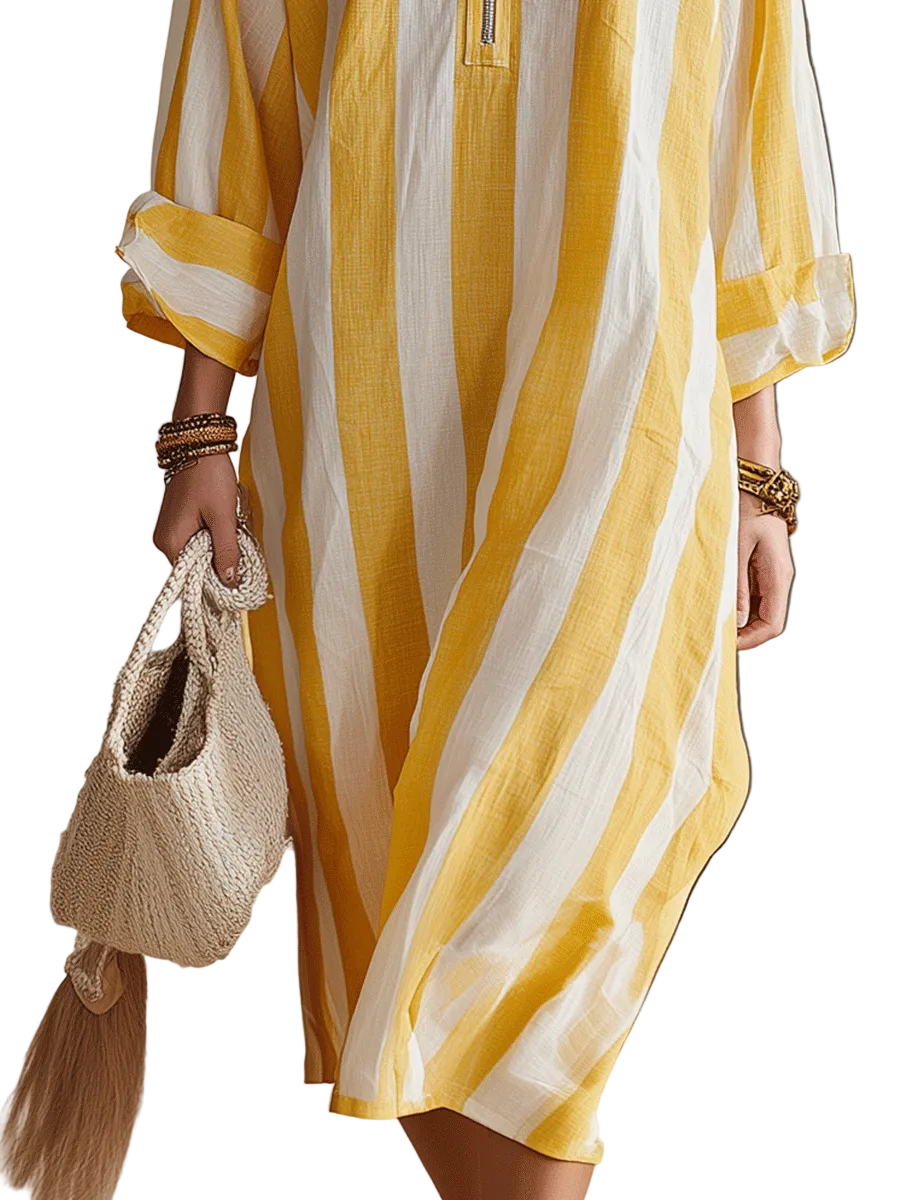 Relaxed Striped Resort Yellow &amp; White Stripe Midi Dress