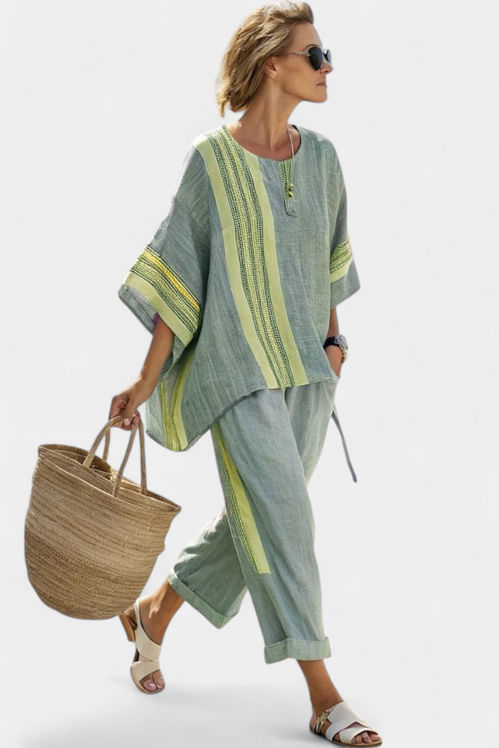 Elowric | Elegant Lavender Top &amp; Mustard Striped Pants
