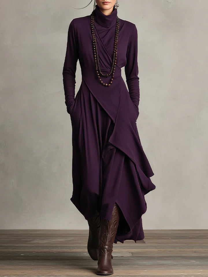 Giorgia - Asymmetrical Maxi Pleated Dress in Purple with High Neck (Necklace not included)