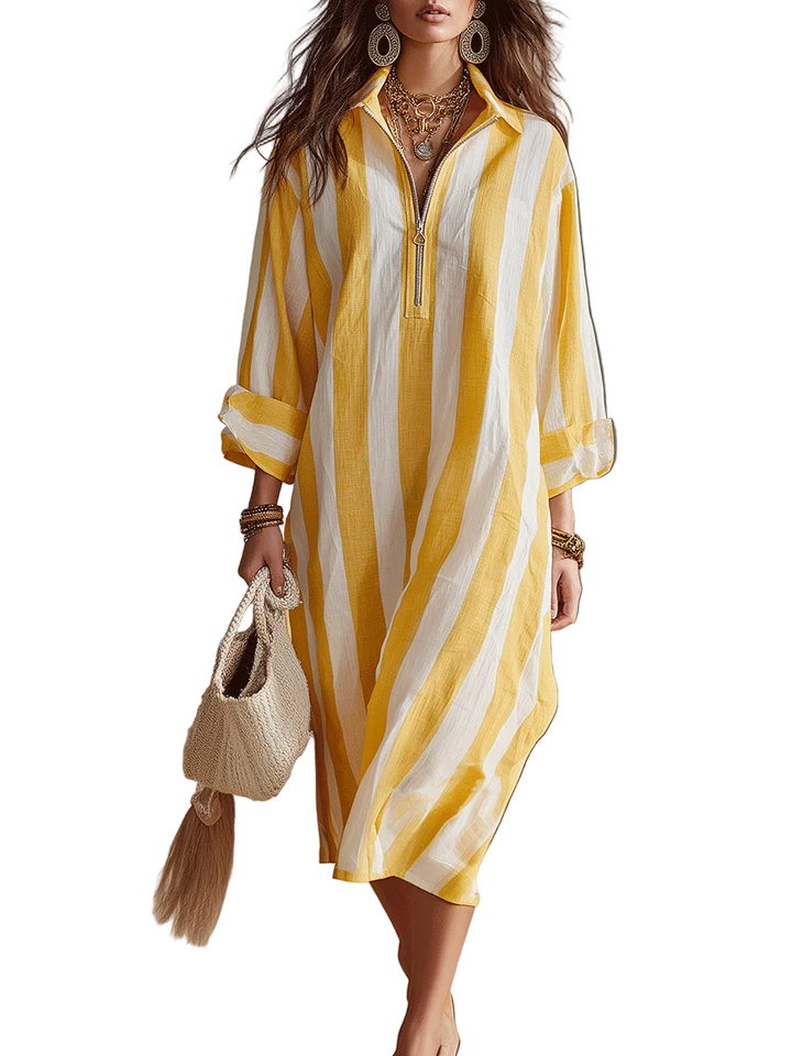Relaxed Striped Resort Yellow &amp; White Stripe Midi Dress