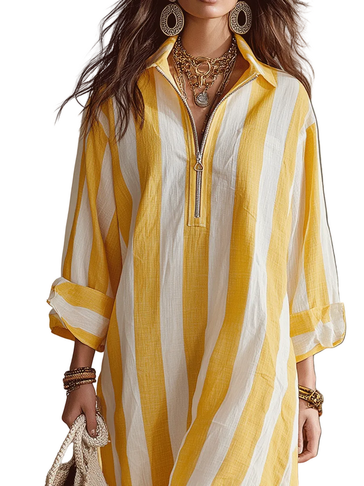 Relaxed Striped Resort Yellow &amp; White Stripe Midi Dress